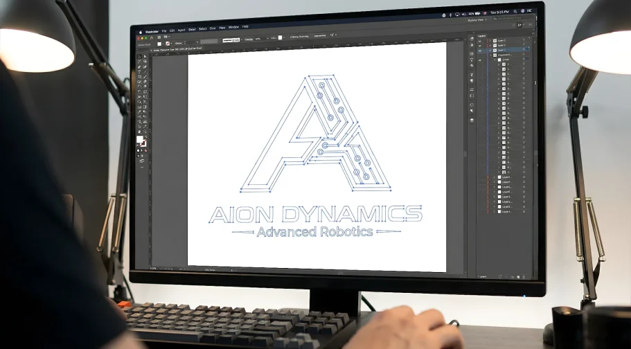 Blick in den Vektor-Workflow: Präzise Reinzeichnung eines Logos in Adobe Illustrator. Umwandlung von KI-Konzepten in skalierbare Vektorgrafi