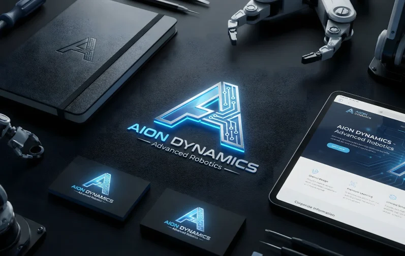 Ganzheitliches Corporate Identity Paket für Technologie-Start-Ups. Zeigt Logo-Design, Visitenkarten und digitale Assets auf Tablet und Print