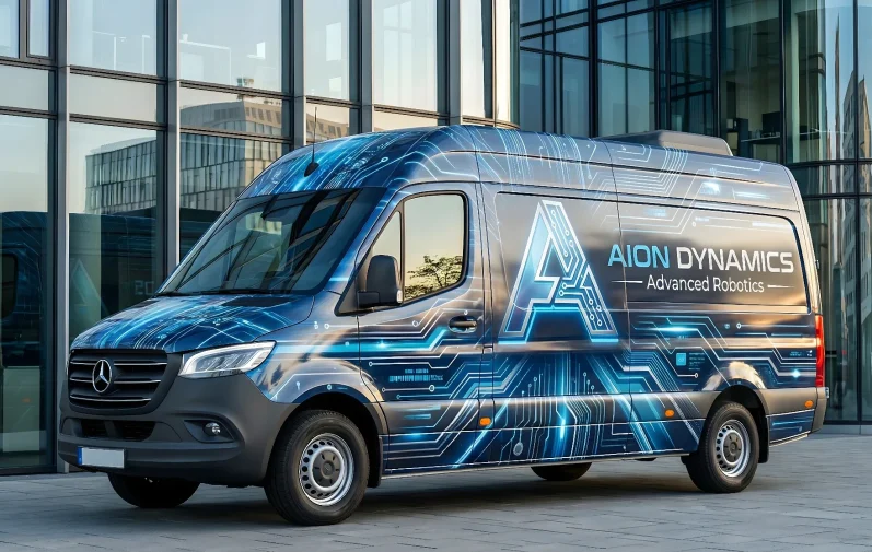 High-End Fahrzeugbeschriftung und Branding Design für Tech Unternehmen. Fotorealistisches 3D-Mockup eines Mercedes Sprinter im Corporate